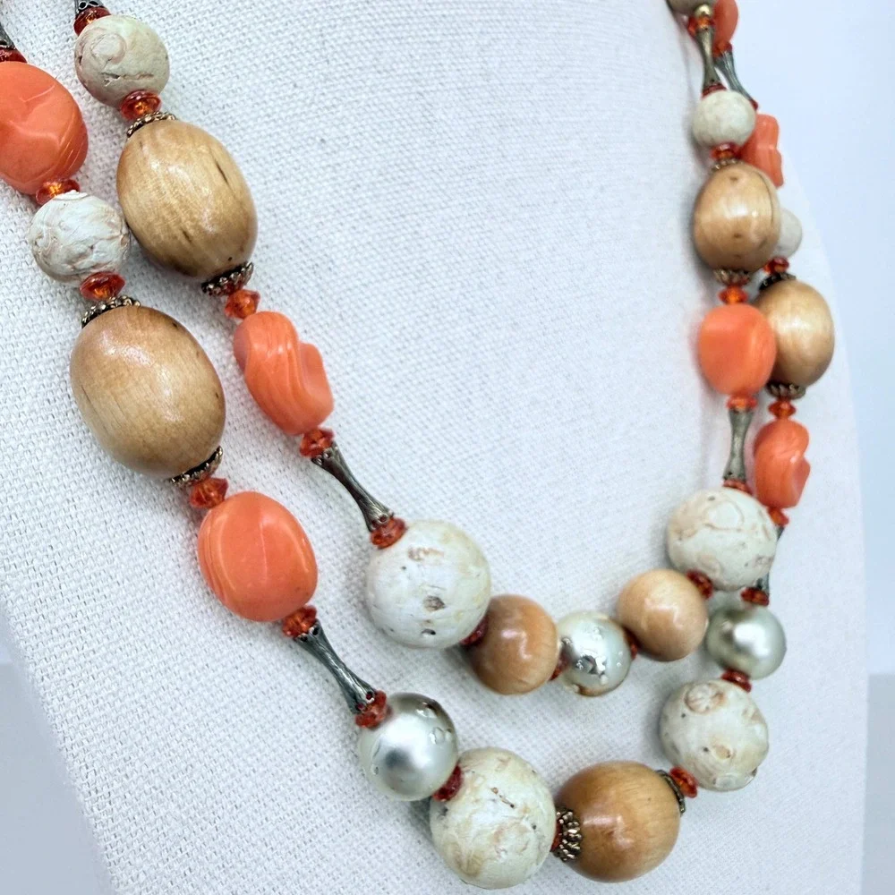 Arthur Pepper Vintage Necklace Double Strand Wood Stone Coral‎ Bead Mid Mod